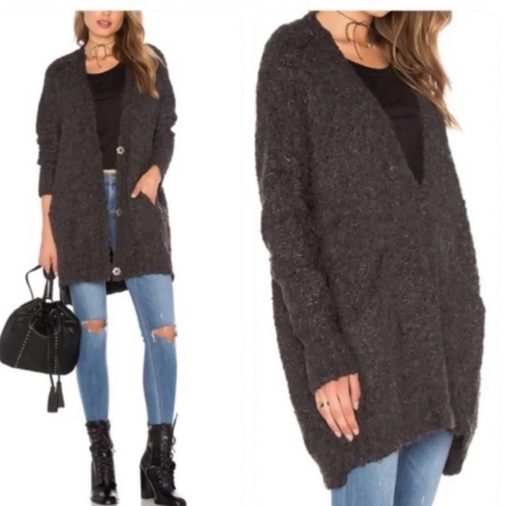 Free People Boucle Cardi Sweater in Black Size Medium Alpaca Blend